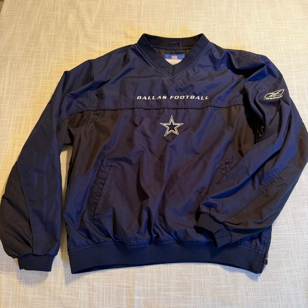 Reebok Dallas Cowboys NFL Windbreaker Pullover Navy Blue Mens Large Side Zip